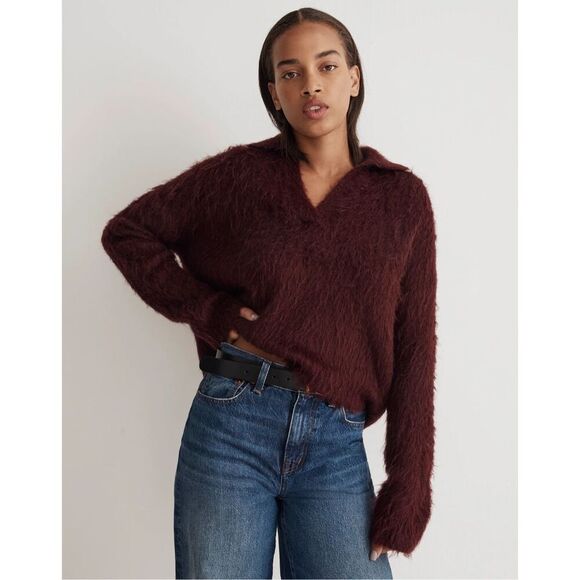 Madewell Brushed Polo Sweater size M Heather Currant Red Fuzzy Soft - Picture 1 of 12